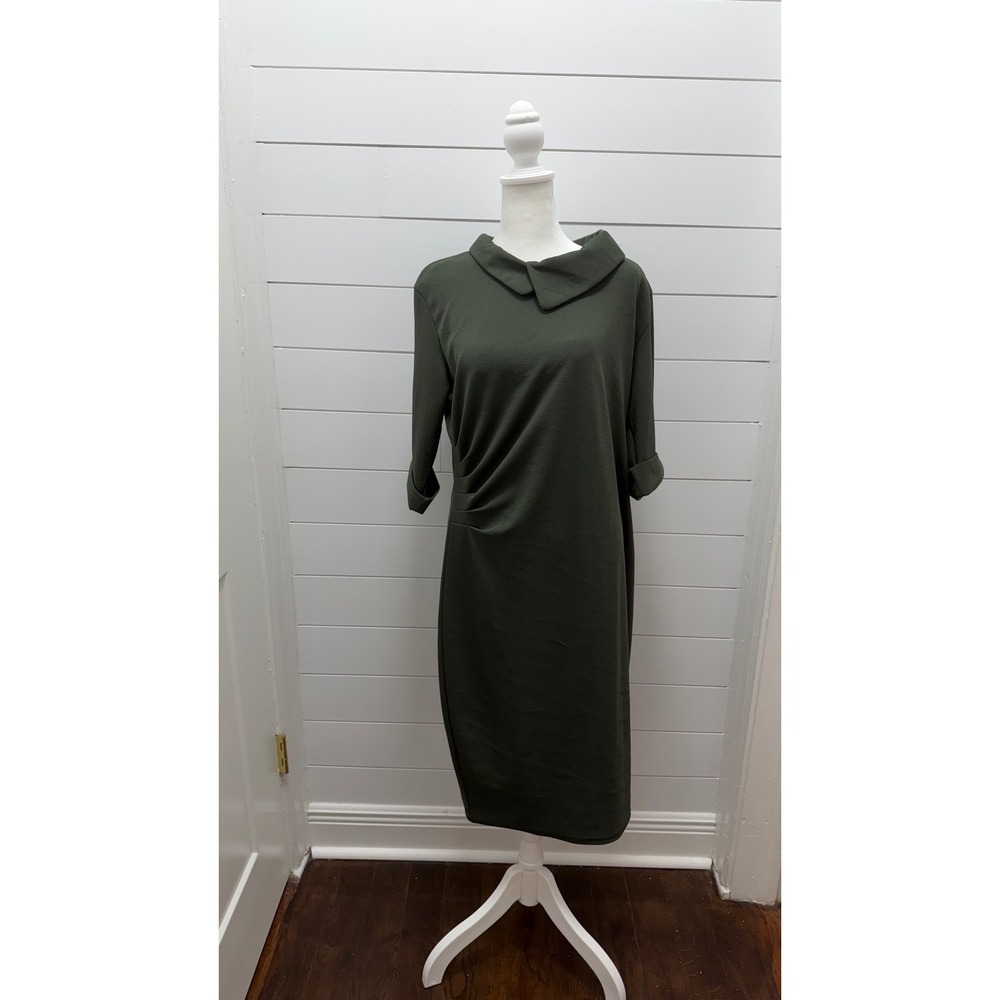 Oxiuly Women XL Army Green Sheath Dress 3/4 Roll-Tab Sleeve Casual Business Midi